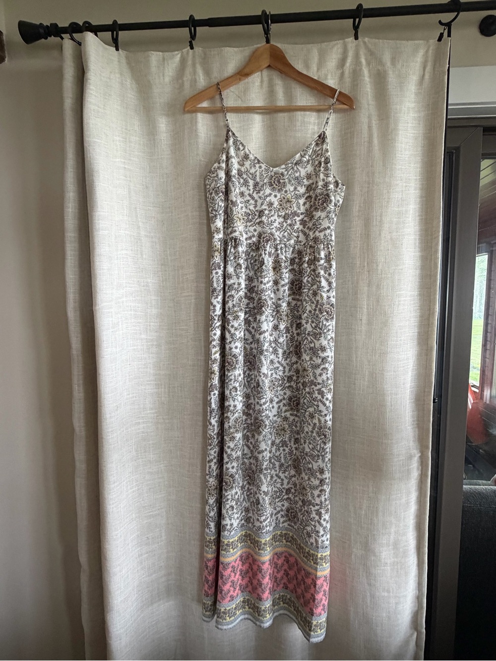 LOFT Cream Floral Spaghetti Strap Maxi Dress with Pink Hem Border